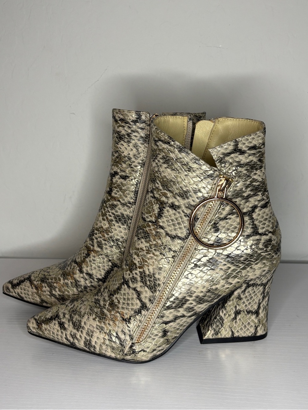 Snake-Print Ankle Booties with Gold Ring Zipper